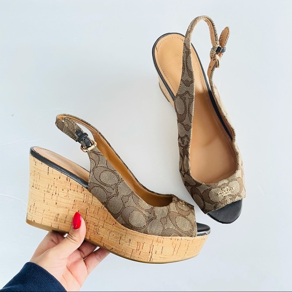 Coach Shoes - Coach logo wedges sandals size 7.5 brown
